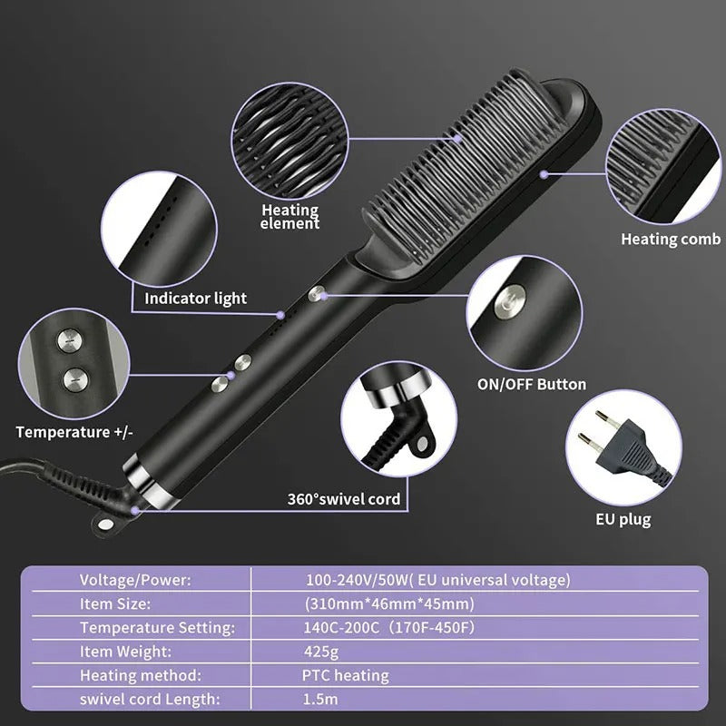 2-in-1 Electric Hair Straightener Brush – Ionic Heating & Detangling Comb